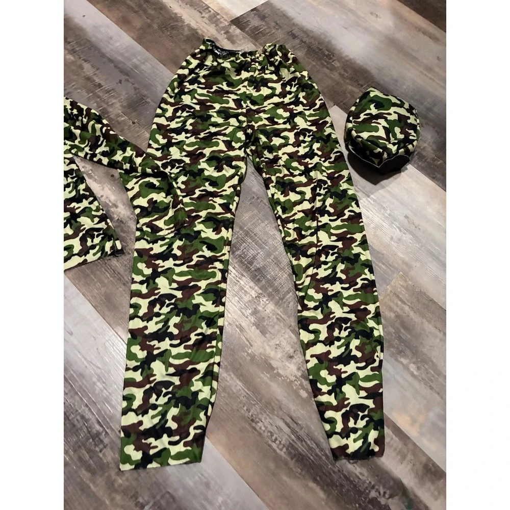 Kids Camouflage Military Costume Set 3-Piece Top Pants Hat Green Camo Large